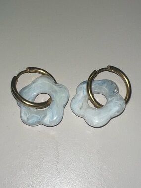 Gold Hoop Earrings with Light Blue Flower Charm
